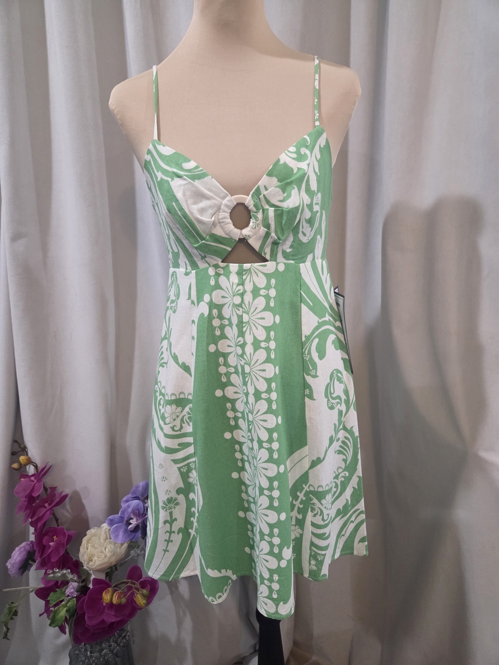 Green & White Floral Cutout Mini Dress with Spaghetti Straps